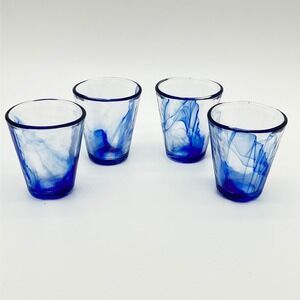 Bormioli Rocco Shot Glasses Set of 4 Clear Cobalt Blue Murano Style Swirl Italy